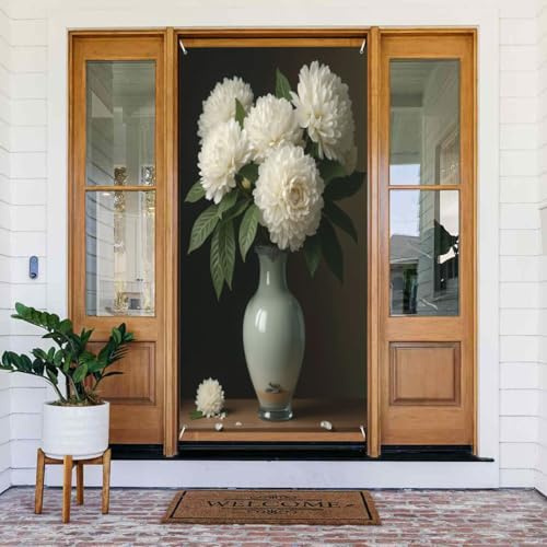 Fundas decorativas para puerta con estampado realista de dalia blanca n.º 16, decoración de pancarta de puerta para interiores y exteriores, primavera, verano, otoño, invierno, Halloween, Navidad