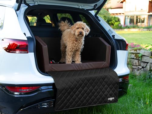 Hundebox Auto Kofferraumschutz Hund mit ladekantenschutz Kofferraum【Mit Tasche】 Kofferraum schutzmatte herausnehmbar -Hunde Autositz mit Anschnallsystem, hundetransportbox 90x70x38cm Braun/Schwarz