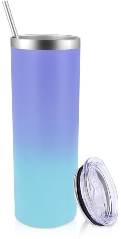 Volhoply 600ml (20oz) Skinny Tumbler with Lid and Straw, Stainless Steel Straight Tumblers Cup, Vacuum Insulated Coffee Mug for Home, Office, Travel, DIY (Purple Bule,1 Pack)