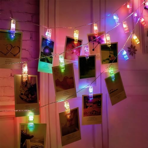TZQFROCE Guirnalda de luces con pinzas de 3 metros, 20 ledes, 8 modos, multicolor, para fotos, salones, bodas, Navidad, fiestas