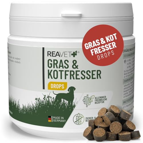 ReaVET Gras & Kotfresser Drops für Hunde – bei Fressen von Gras & KOT – beruhigt den Magen & reduziert Sodbrennen – Grasfresser Drops mit Heilerde, Ayurvedische Heilpflanze I 350g (180 Stück)