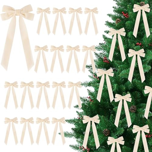 Nexoria Lot de 24 nœuds en velours pour sapin de Noël - Décoration de sapin de Noël - Pour guirlande, porte d'entrée, cheminée - Beige