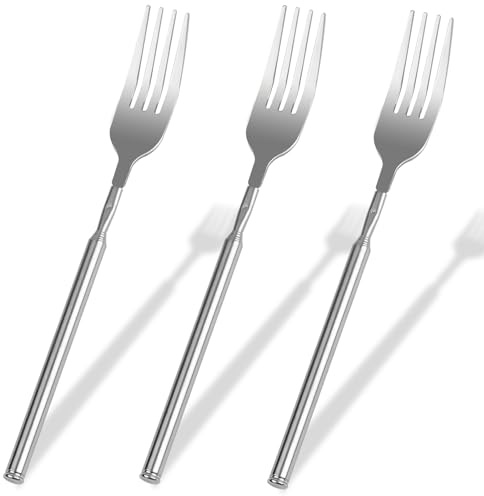 LLMSIX Lot de 3 fourchettes télescopiques portables en acier inoxydable extensibles de 22,1 cm à 64,5 cm pour barbecue, salle à manger, voyage, alimentation