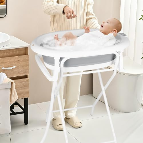 Faltbare Babybadewanne auf Füßen Maximum 20 kg, große Badewanne XXL mit Ständer/Thermometer 2.0 – Babywanne – von der Geburt bis 3 Jahre – Geschenk – (Stil 1) 85 x 47 x 85 cm – Grau
