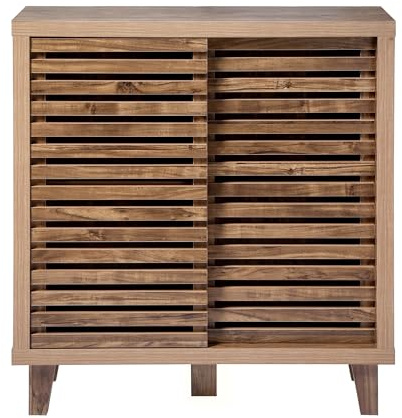 Calicosy Buffet Liam 2 Portes Coulissantes à Lames Ajourées Décor Bois | Meuble de Rangement, Pour Salon, Chambre, Entrée, L 80 x P 29 x H 88,5 cm