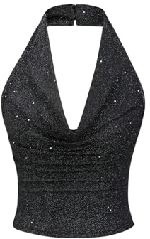 GORGLITTER Sommer Tops Damen Neckholder Top Glitzer Crop Tops Festival Outfit Sexy Party Top Glitzertop Sommermode Drapiertes Oberteil Schwarz L