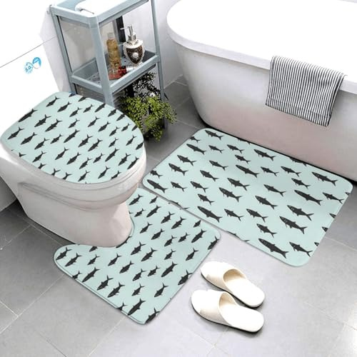 Nevjipu Set di 3 tappeti da bagno con stampa di pesce nero, assorbenti, antiscivolo, lavabili, a forma di U, tappetino per il contorno del WC, tappetino per doccia, tappetino da bagno per WC e vasca
