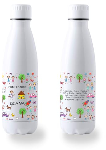 DEREGALOOS Botella Profesora Personalizada 700ml Acero Inoxidable. Bidón con Diseño Original Divertido para Fin de Curso. Regalo Profesor Maestra Seño Tutor con Nombre y Alumnos. (Dibujo Escolar)