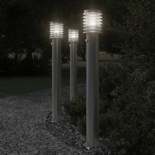 Pollerleuchte Edelstahl silber 3 Stk. 110cm Außenleuchte mit Bewegungsmelder PIR-Sensor IP44 Wegeleuchten für Garten Einfahrt