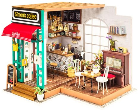 Robotime DG109 Rolife Simon's Cafe Miniatur-Puppenhaus aus Schichtholz und Kunststoff, Maße: 23 x 19 x 19 cm, 203 Teile