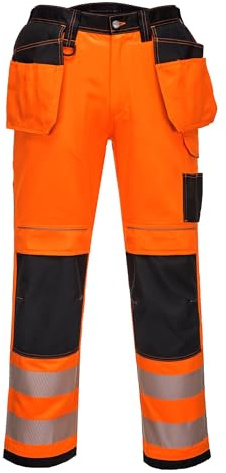 Portwest T501 Mens PW3 Hi Vis Work Trousers - Holster Pocket Workwear Safety Construction Trousers Orange/Black Short, 38