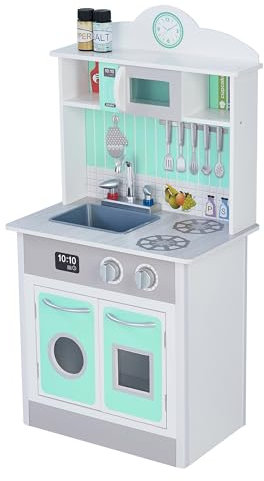 Teamson Kids Little Chef Madrid Classic Interactive Wooden Play Kitchen with Sink, Oven, Microwave and Storage Space for Easy Clean Up, Grey with Mint Accents