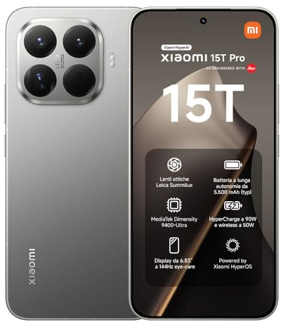 XIAOMI 15T Pro, Smartphone 12+256GB, Display Eye-care da 6,83 144Hz, MediaTek Dimensity 9400+, Teleobiettivo Leica 5x Pro da 50MP, 5500mAh, Garanzia 2 Anni, Titanio, Caricabatterie non incluso