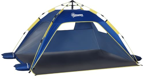 Outsunny Strandzelt mit Fenstern 220x173x120 cm Dunkelblau & Gelb | Schnellaufbauzelt mit Reißverschlusstür, Polyester & Glasfaser, faltbar