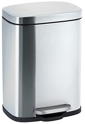 WENKO Kosmetikeimer Leno Easy Close, 5 Liter, puristischer Treteimer aus rostfreiem Edelstahl mit Deckel und Absenkautomatik sowie integriertem Beutelhalter, 21,5 x 19 x 29,5 cm, Silber matt