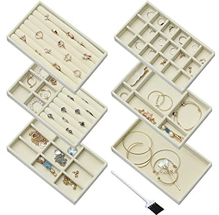 Nwvuop 6 Stück Schmucktablett Samt Stapelbar Schmuck aufbewahrung organizer fur Ring ohrringe ketten Schmucktablett für Schublade Beige