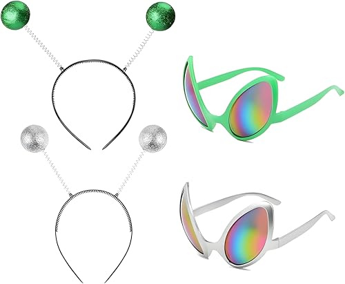 Alien Brille Martian Antenne Stirnband 2 Stück Silberrahmen-Farbfolie Und Grünrahmen-Farbfolie, 2 Stück Alien-Stirnband, Geeignet Als Foto-Requisiten Und Atmosphären-Requisiten Für Urlaubspartys