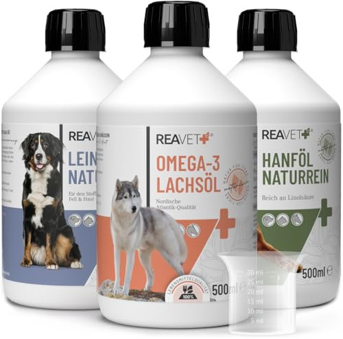 ReaVET Futteröl Hunde, 3 Sorten x 500ml, Barföl Hund - Set aus Lachsöl, Leinöl & Hanföl - Barf Zusatz, Kaltgepresst, Omega-3 Fettsäuren, Ohne Zusätze