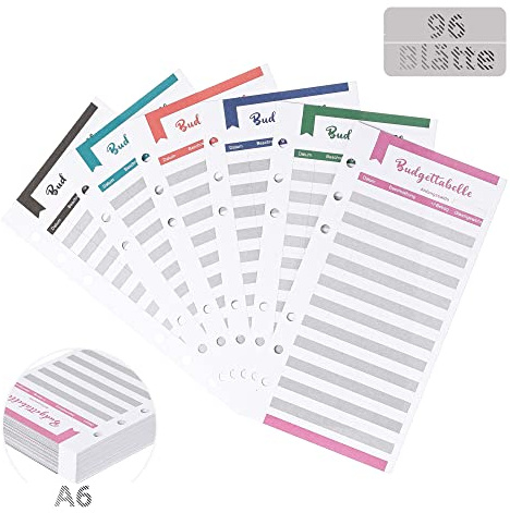 96 Blätte Budget Planner Deutsche A6 Nachfüllpapier (182 Seiten), 6 Holes Budget Sheets Zubehör für Binder Notebook (6 Farben)