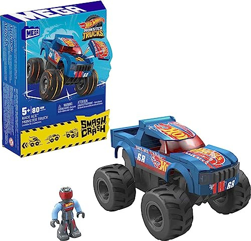 MEGA Hot Wheels Smash-und-Crash Race Ace Monster Truck - 85-teiliges Bauset, Smash-und-Crash-Funktion, rote und Blaue Lackierung, bewegliche Micro-Actionfigur, ab 5 Jahren, HMM49