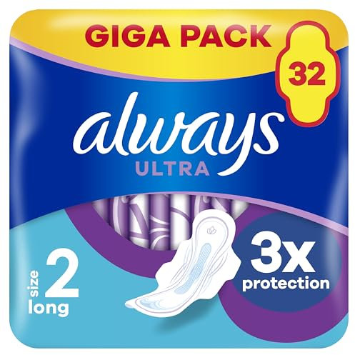 Always Ultra Binden Damen Gr. 2, Long (32 Damenbinden mit Flügeln) Giga Pack, dünn und super saugfähig, geruchsneutralisierend und Auslaufschutz