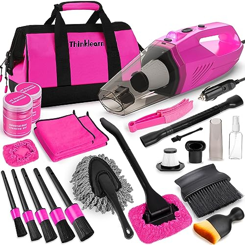 ThinkLearn Rosa Auto Staubsauger Detailing Kit, Innenraum Auto Reinigungsset mit 8000Pa High Power Vakuum, 7 Detailing Pinsel, Aufbewahrungstasche