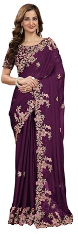 TRENDMALLS Sari da donna in seta con ricamo Rangoli con camicetta sari da donna, Viola 1, taglia unica