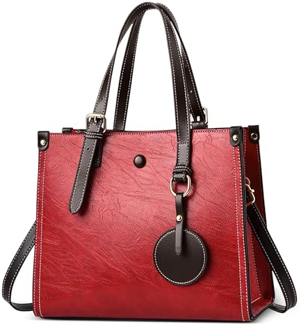 DEEVORCA Bolso De Mano Elegante para Mujer — Bolso Bandolera Piel PU Impermeable con Adorno Redondo Y Correa Ajustable, Oficina, Compras, Citas, Fiestas (Rojo Rubí,L)