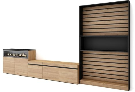 Skraut Home | Wohnwand Wohnzimmer | Wohnzimmermöbel, Möbelset | 360x186x35cm | Für TV-Geräte bis zu 65 | Elektrokamin. | Moderner Stil | Eiche Schwarz