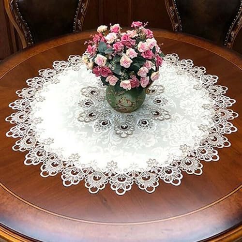 Nappe en dentelle brodée avec fleurs, nappe anti-poussière florale pour la maison, nappe ronde en dentelle pour table à manger et table basse (M)