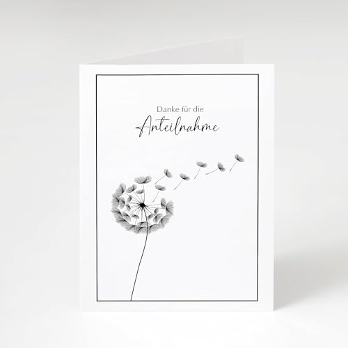 10er Set Trauer Dankeskarten mit Umschlägen – „Danke für die Anteilnahme“ – stilvolle Karten mit Pusteblume, dezentes Schwarz-Weiß-Design - Trauer Danksagung Karten Set (DIN A6)