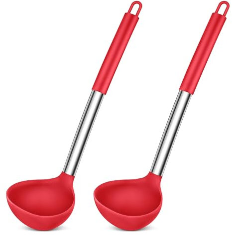 Herogo Juego de 2 cucharones de silicona para sopa, cucharón de 31 cm con mango de acero inoxidable, cuchara grande para servir sopas, resistente al calor y antiadherente, fácil de limpiar, color rojo