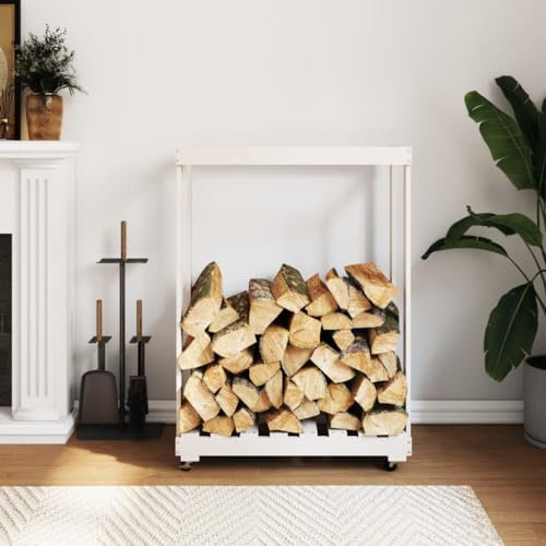 Rantry Porte-bûches avec roues blanc 76,5 x 40 x 108 cm bois massif pin, porte-bûches d'intérieur, porte-bois de chauffage, porte bois pour cheminée, bois d'intérieur, empilable poêle étagère bois