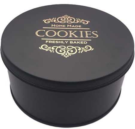 Nobel Bit & Bobs Round Deep Cake Storage, Flat Canister Cake,Biscuit,Cookies Storage tin Container ideal for Roti Chapati, cake Size 21.5cm (Black-Vintage)