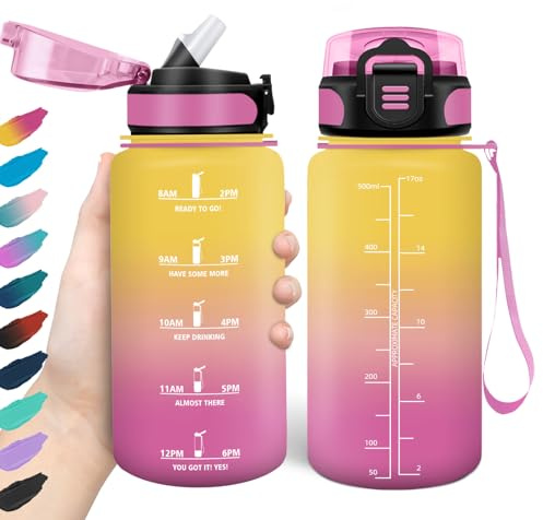 HoneyHolly Borraccia 500Ml, Senza BPA & A Prova di Perdita, Borraccia con Cannuccia, Reutilizables, Scuola Elementare, Cantimplora Motivazionale per Scuola, Palestra, Ufficio, Running