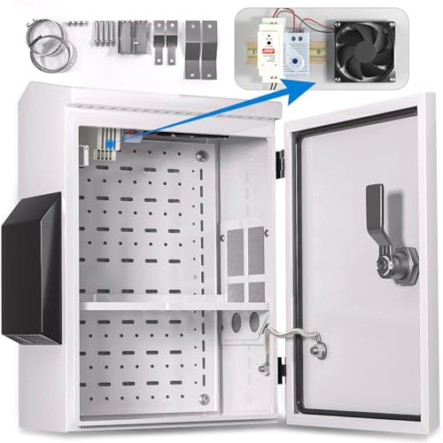 Outdoor Electrical Box with Thermostat and Fan, Cold-Rolled Steel Plate, Aluminum Alloy Back Beam, One-Piece Ventilation Design, IP65 Waterproof, Wall/Pole Mounted. (15.7 x 11.8 x 5.9)