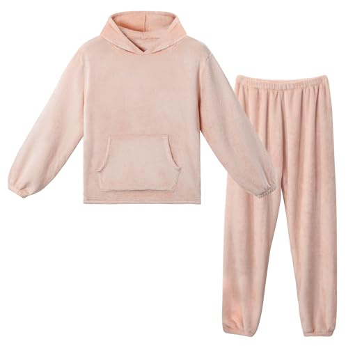 LACOFIA Pigiami in Pile Due Pezzi da Donna Pigiama Set Invernale con Cappuccio Abbigliamento Caldo da Notte a Maniche Lunghe Adulto Pigiama di Coppia Rosa Chiaro XS