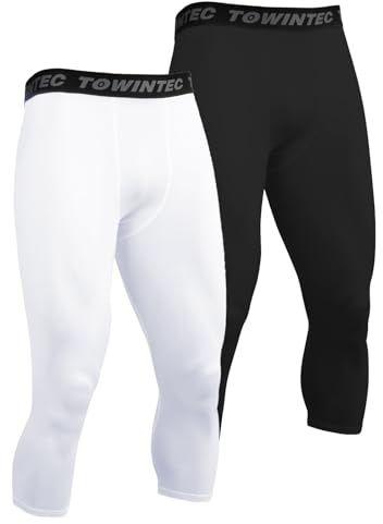 Towintec 3/4 kompressionsleggings herr basket tights coola skinnbyxor torr passform atletisk baslager underkläder kompression underdel träning sportbyxor löpning yoga gym, Svart+vitt, L
