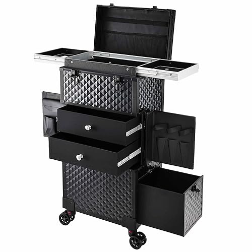 Makeup Trolley Beauty Case on Wheels Hairdressing Trolley Vanity Case | Rolling Box Makeup Brush Holder Salon Accessories Trolley Multi-Functional Make Up Station with Hair Tools Organiser Drawers