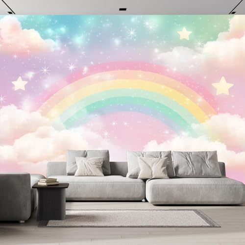Papier Peint Panoramique 3D Arc-En-Ciel Dessin Animé,Tissu de soie Lumière Scintillante Des Étoiles Photo Mural,400×280cm Poster Salon Chambre Mur de fond Chambre des Enfants Bureau Décoration Maison