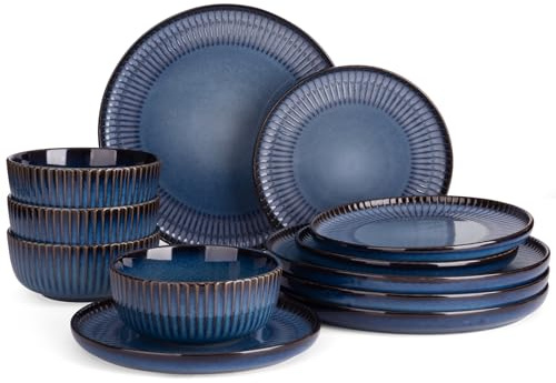 Richmount Starlight dinnerware, 12-piece plate set, 4-person dinnerware, ribbed textured dinnerware, micro-ondes et lave-vaisselle, anti-scratch, reactive glaze, bleu brumeux