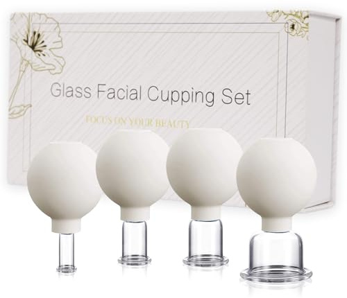 4 Piece Glass Cupping Set, Anti-Aging Facial Cupping Cups for Face and Neck, Radiant Skin - Rejuvenation, Lymphatic Drainage, Face Vacuum Suction Cups (White)