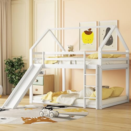 FOERPL Letto a Castello per Bambini 140 x 200 cm, Letti a Forma di Casa con Protezione Anticaduta, Letto a Soppalco con Scivolo e Scala, Legno,bianco