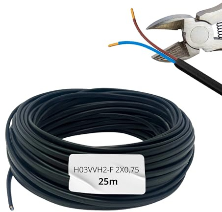 Câble électrique HALOTEC 25 mètres 2 fils 2 x 0,75 | H03VVH2-F | Double isolation PVC | Câble d'installation | PVC | Noir |