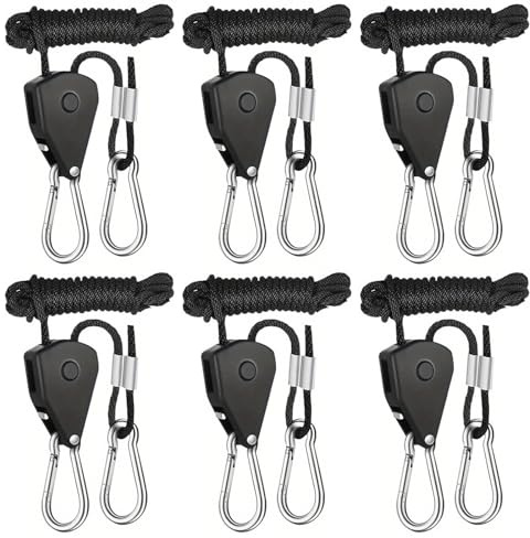 6 Pack Heavy Duty Ratchet Hangers, 1/8 Inch Adjustable Rope Metal Ratchet with Hook, 4 mm Cord Tent Guy Ropes, 2.4 m Guy Ropesfor Awning Grow Light RopeHangers for Plant Fan, Lift Lanyard LEDRope