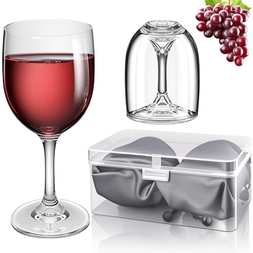 Plastik Weingläser Set, 2er Set Weingläser Kunststoff 200ml Mehrweg Camping Weinglas Plastik mit Praktischer Box und Wasserdichter Tasche für Softdrinks Rot und Weißwein Sektgläser Cocktailgläser
