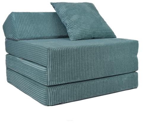 FORTISLINE - Klappmatratze 200x70x10cm mit Kopfteil & Kissen – Gästebett ausklappbar für Kinderzimmer & Camping Matratze Schaumstoff – Faltmatratze tragbar – Faltbare Matratze aus Cord – Türkis