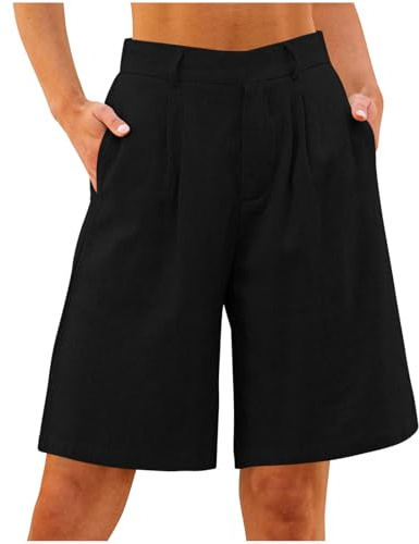 Bermudas Pantalones cortos para mujer, algodón y lino, ligeros, hasta la rodilla, de lino, pierna recta, pantalones de verano, muselina, pantalones holgados de tela monocolor