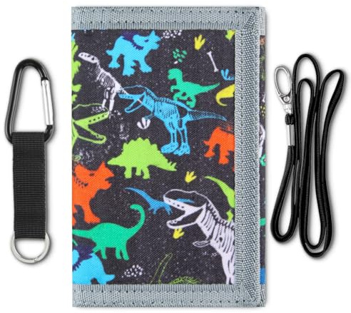 Lamiza Kids Wallet for Boys with Lanyard, Little Boys Wallet for Kids Ages 4-5-6-7-8-9-10-12, Dinosaur Youth Wallets with Strap, Tri Fold Child Childrens Neck Wallets for Birthday Christmas Gift