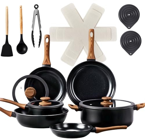 ROVSUN 20 Pcs Nonstick Pots and Pans Set, Cast Aluminum Kitchen Cookware Set, RV Kitchen Cooking Set and Utensils, Dishwasher Safe, PFAS PFOA & PFOS Free, Black